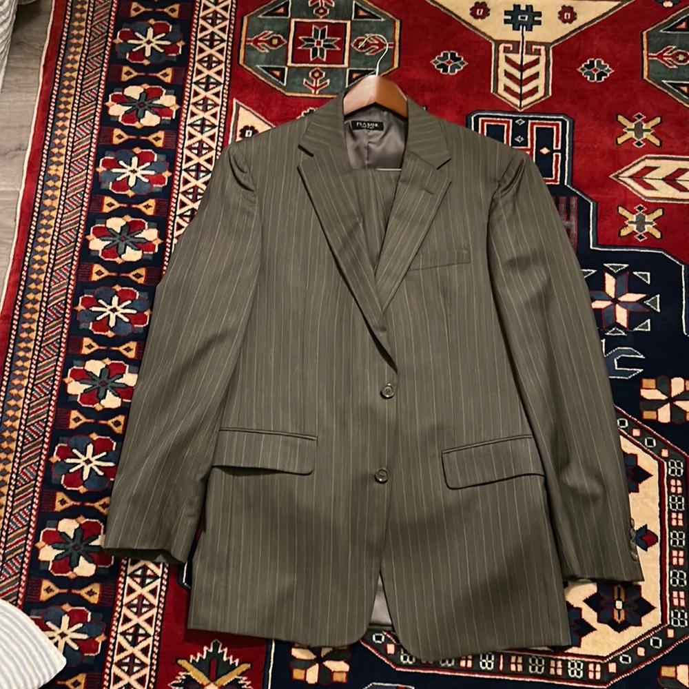 Jos. a Bank 3 Piece Suit in Olive Pinstripes